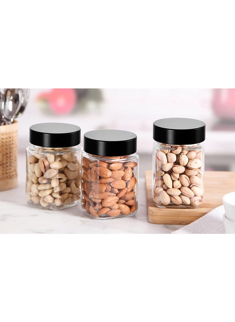 Cloudmart CLOUDMART Piramal Glass Square Clear Jars&Containers For Kitchen Pantry,Snacks,Masala,Honey,Pickles,Cookies,Dry Fruits,Coffee Beans Storage With Black Color Plastic Lid(Cube Jar)(300Ml,Set Of 12)  - Image 3