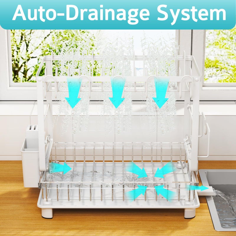 Nfnoyp Multifunctional Dish Drying Rack - Rustproof, 2-Tier Dish Racks with Drainboard, Space-Saving Design, Utensil & Cup Holder for Kitchen Counter, White - Image 3
