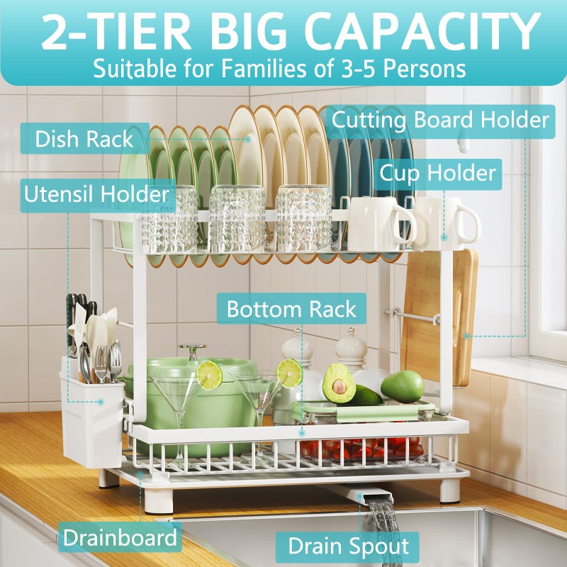 Nfnoyp Multifunctional Dish Drying Rack - Rustproof, 2-Tier Dish Racks with Drainboard, Space-Saving Design, Utensil & Cup Holder for Kitchen Counter, White - Image 2