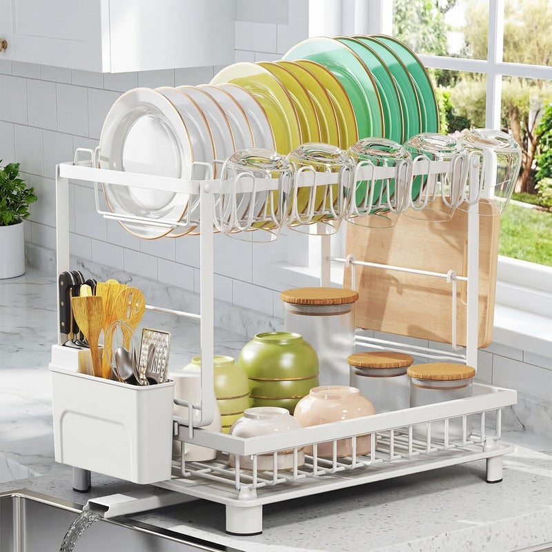 Nfnoyp Multifunctional Dish Drying Rack - Rustproof, 2-Tier Dish Racks with Drainboard, Space-Saving Design, Utensil & Cup Holder for Kitchen Counter, White - Image 1
