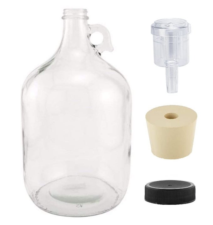 1 GALLON GLASS FERMENTING JUG WITH HANDLE 65 RUBBER STOPPER 2PIECE AIRLOCK BLACK PLASTIC LID SET OF 1