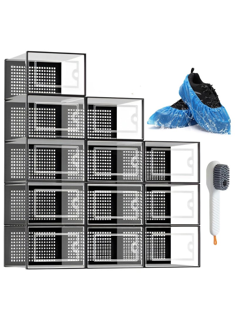 بيكاسيو صندوق أحذية، مجموعة من 12 صندوق تخزين أحذية شفاف قابل للتكديس، منظم خزانة مع فرشاة أحذية واحدة و12 غطاء يمكن التخلص منه، حاوية أحذية رياضية قابلة للطي وشفافة - Image 1