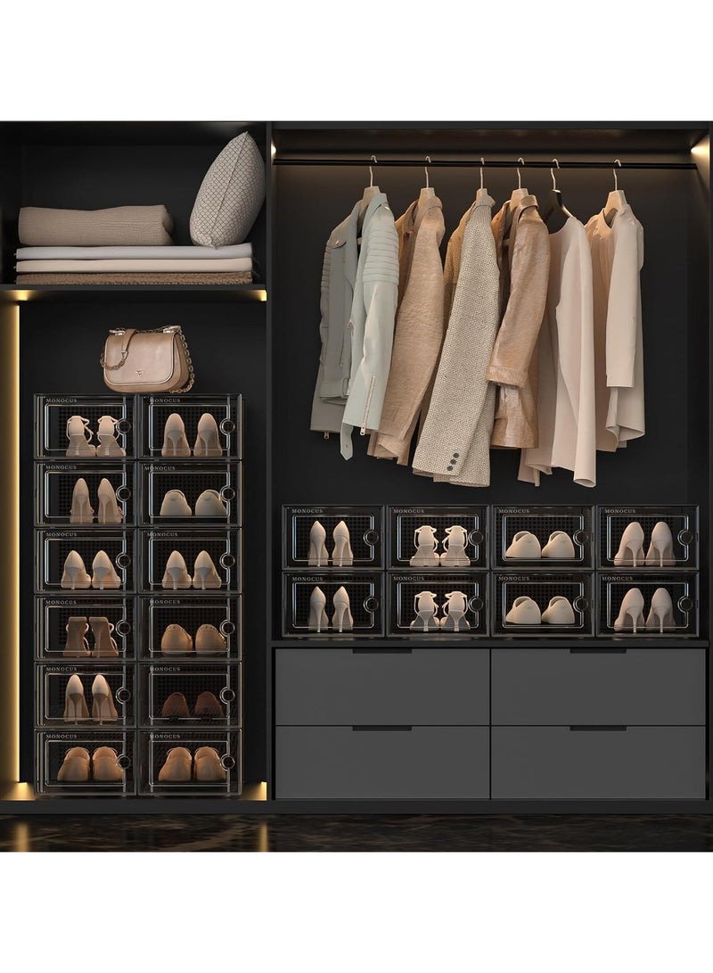 بيكاسيو صندوق أحذية، مجموعة من 12 صندوق تخزين أحذية شفاف قابل للتكديس، منظم خزانة مع فرشاة أحذية واحدة و12 غطاء يمكن التخلص منه، حاوية أحذية رياضية قابلة للطي وشفافة - Image 2