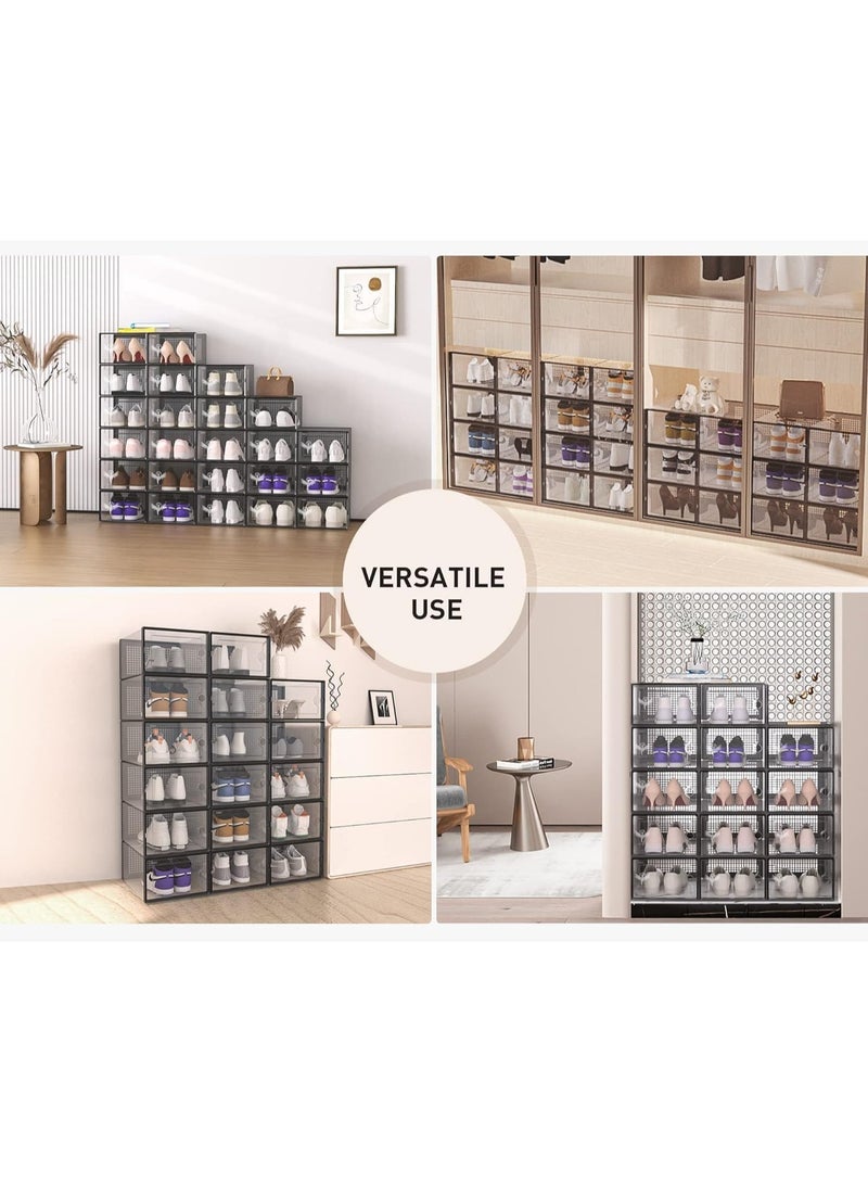 بيكاسيو صندوق أحذية، مجموعة من 12 صندوق تخزين أحذية شفاف قابل للتكديس، منظم خزانة مع فرشاة أحذية واحدة و12 غطاء يمكن التخلص منه، حاوية أحذية رياضية قابلة للطي وشفافة - Image 3