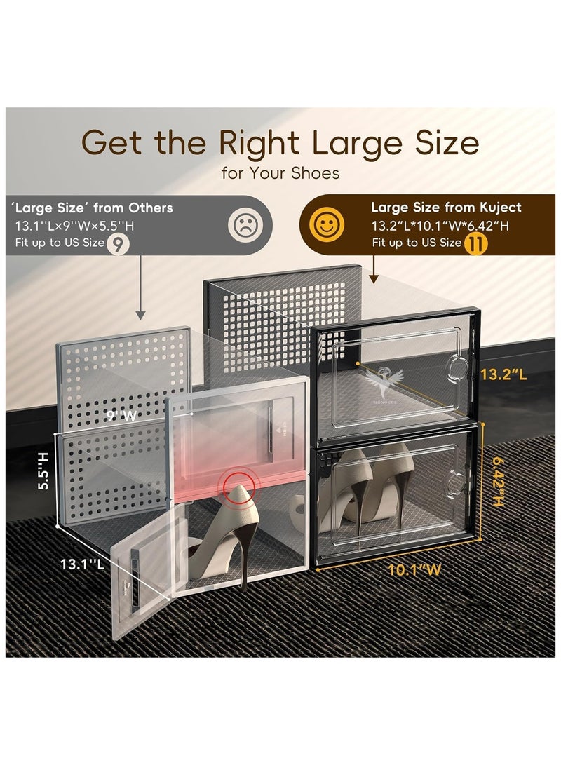 بيكاسيو صندوق أحذية، مجموعة من 12 صندوق تخزين أحذية شفاف قابل للتكديس، منظم خزانة مع فرشاة أحذية واحدة و12 غطاء يمكن التخلص منه، حاوية أحذية رياضية قابلة للطي وشفافة - Image 4