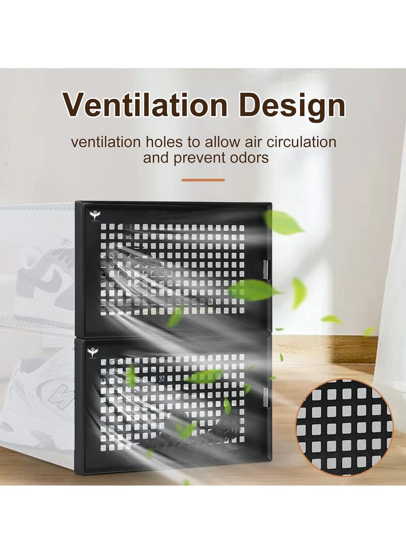 بيكاسيو صندوق أحذية، مجموعة من 12 صندوق تخزين أحذية شفاف قابل للتكديس، منظم خزانة مع فرشاة أحذية واحدة و12 غطاء يمكن التخلص منه، حاوية أحذية رياضية قابلة للطي وشفافة - Image 5