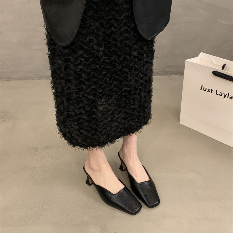 Elegant High-Heeled Mules For Women, Suitable For Outdoor Wear, New Spring/Summer 2025 Style, Chunky Heel, Comfortable Shallow Slip-On Shoes - Image 1