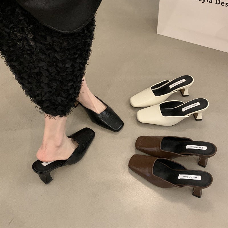 Elegant High-Heeled Mules For Women, Suitable For Outdoor Wear, New Spring/Summer 2025 Style, Chunky Heel, Comfortable Shallow Slip-On Shoes - Image 2