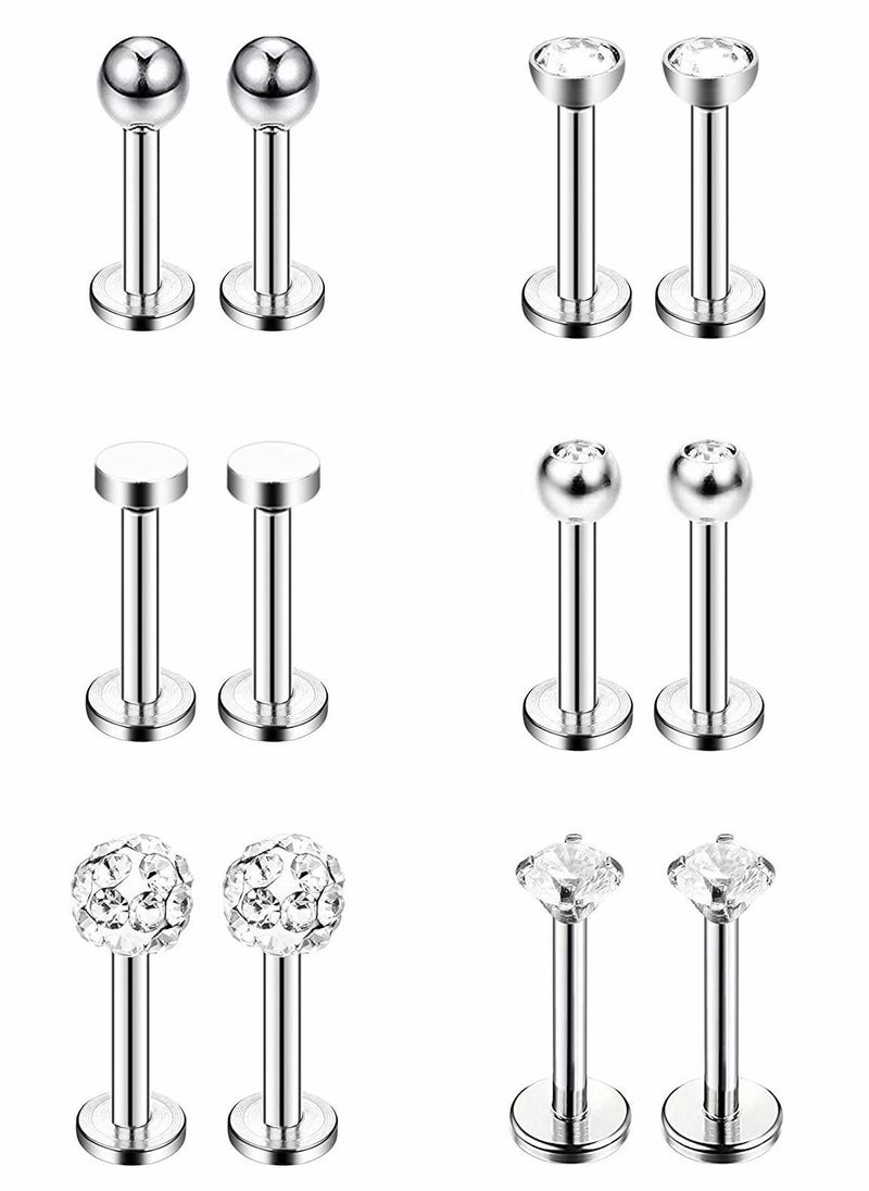 Y&D 6 Pairs Stainless Steel Nose Studs Tragus Bars Labret Crystal Ball Body Piercing Jewelry, Lips Assorted Design Designs, 16 Gauge  - Image 1