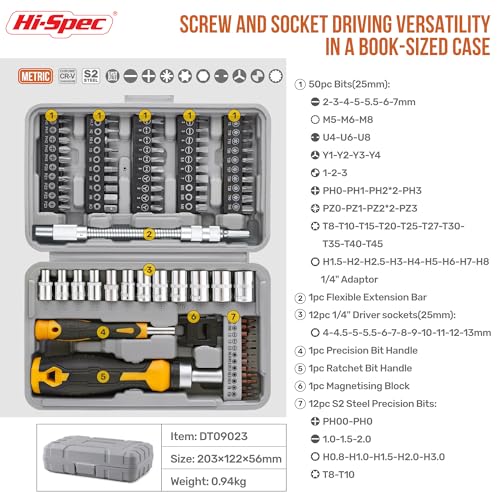 Hi-Spec 78pc Multi Screw Driver Bit Set and 1/4 inch Socket Set with Handles. Flexible Extension, Precision, Torx and Tamperproof 1/4 inch Hex Screwdriving Bit Accessories in a Case - Image 2