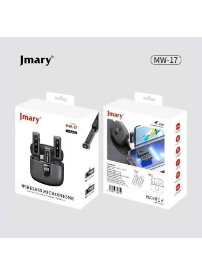 جيه ماري MW-17 TC هو نظام ميكروفون لاسلكي صغير وقابل للتثبيت، موصل Type-C مصمم لأجهزة أندرويد والاجهزة المتوافقة، بيقدم صوت واضح بجودة احترافية لإنشاء المحتوى. بيتميز بتشغيل مباشر وتقنية إلغاء الضوضاء المدمجة. - Image 3
