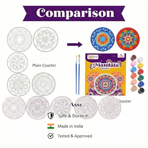 HOBBY INDIA Rangoli Mandala Art Kit for Adults and Kids | DIY Tea Coaster Set of 6 with Painting Kit | Unique Art and Craft Kit Gift | Perfect Coaster for Office Desk, Dining Table Kitchen Decoration - Image 3