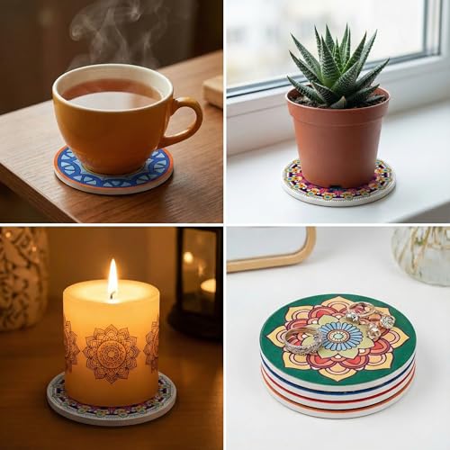 HOBBY INDIA Rangoli Mandala Art Kit for Adults and Kids | DIY Tea Coaster Set of 6 with Painting Kit | Unique Art and Craft Kit Gift | Perfect Coaster for Office Desk, Dining Table Kitchen Decoration - Image 2
