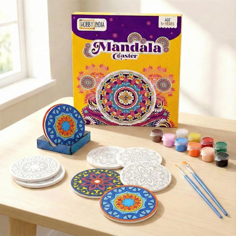 HOBBY INDIA Rangoli Mandala Art Kit for Adults and Kids | DIY Tea Coaster Set of 6 with Painting Kit | Unique Art and Craft Kit Gift | Perfect Coaster for Office Desk, Dining Table Kitchen Decoration - Image 5