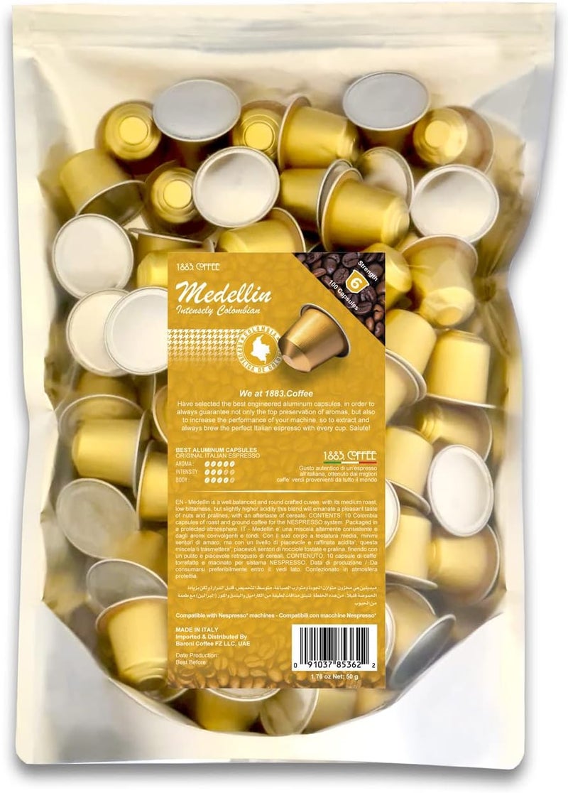 MUST 100 Coffee Capsules in 100% Aluminum Recyclable to Infinity, Medellin Blend Intensity 3/5, Box with 100 Loose Capsules Compatible with Nespresso Machine, Made in Italy