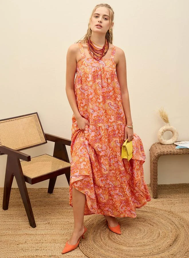 SASSAFRAS Sassafras Orange Paisley Print Sleeveless Tiered Maxi Dress