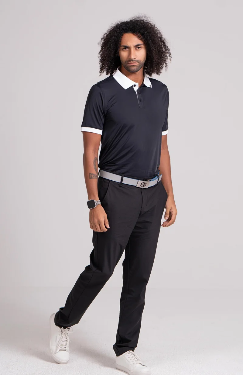 إي جي إل EGL Men's Golf Polo T-Shirt - Black, White Collar - Short Sleeve -  Athletic Fit