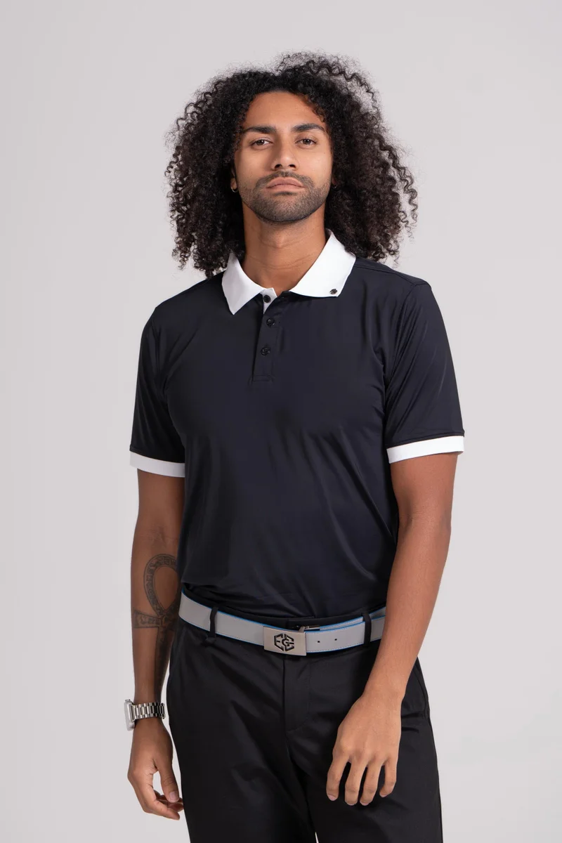 إي جي إل EGL Men's Golf Polo T-Shirt - Black, White Collar - Short Sleeve -  Athletic Fit