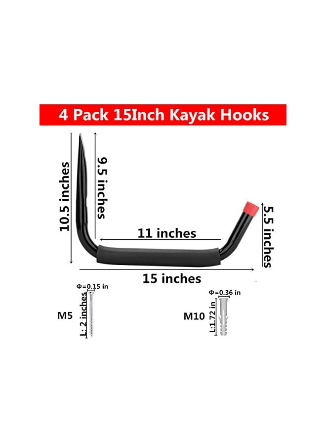 erorex 15Inches Jumbo Garage Storage Hooks, Kayak Wall Mount Rack, Heavy Duty Ladders Hangers for SUP Paddle Board, Surfboard, Wake Board, 100 Pound Capacity Canoe Stands (Black, Pack of 4) - Image 2