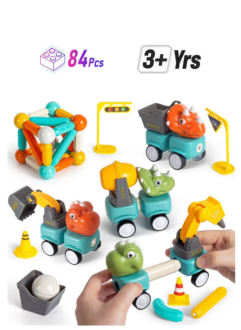 SYOSI Magnetic Building Blocks Dinosaur Car Toys, 84PCS Toddlers Construction Truck Excavator Toys, STEM Preschool Magnet Toys, Creative Educational Building Toys for 3+ Kids Toddler Birthday Gift  - Image 1
