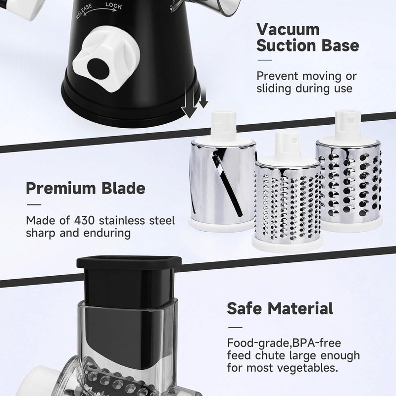 REDPANT Rotary Cheese Grater with Handle, Kitchen Mandoline Vegetable Slicer with 3 Interchangeable Blades & Strong Suction Base, Easy to Clean Grater for Vegetables, Fruit, Nuts, Black - Image 5