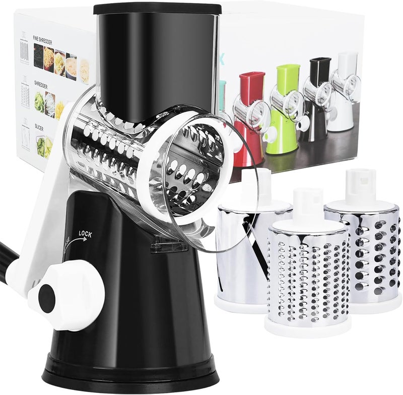 REDPANT Rotary Cheese Grater with Handle, Kitchen Mandoline Vegetable Slicer with 3 Interchangeable Blades & Strong Suction Base, Easy to Clean Grater for Vegetables, Fruit, Nuts, Black - Image 1