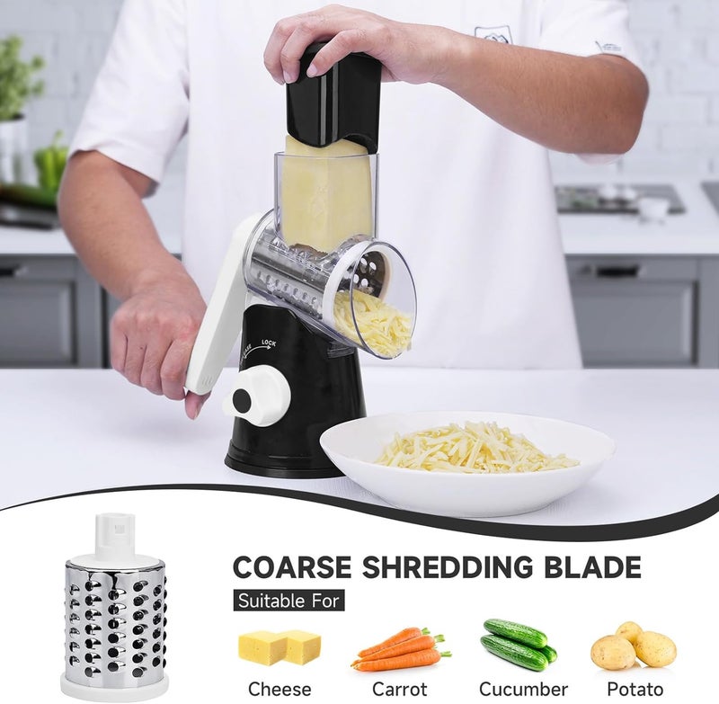 REDPANT Rotary Cheese Grater with Handle, Kitchen Mandoline Vegetable Slicer with 3 Interchangeable Blades & Strong Suction Base, Easy to Clean Grater for Vegetables, Fruit, Nuts, Black - Image 2