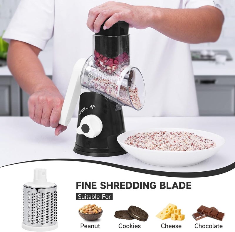 REDPANT Rotary Cheese Grater with Handle, Kitchen Mandoline Vegetable Slicer with 3 Interchangeable Blades & Strong Suction Base, Easy to Clean Grater for Vegetables, Fruit, Nuts, Black - Image 4