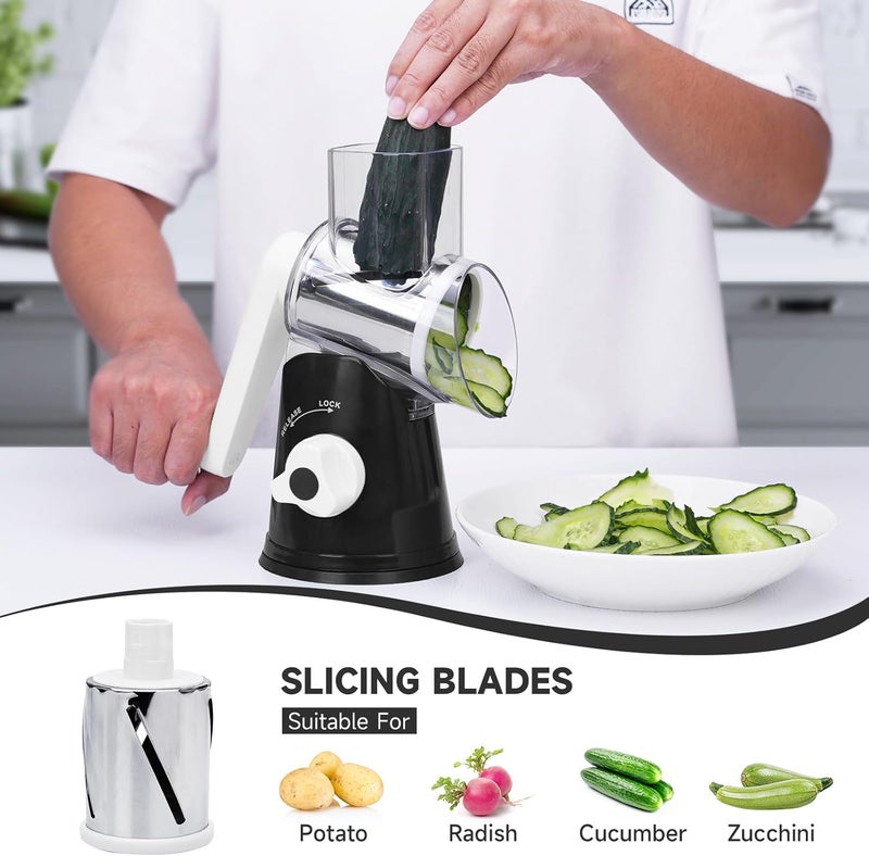 REDPANT Rotary Cheese Grater with Handle, Kitchen Mandoline Vegetable Slicer with 3 Interchangeable Blades & Strong Suction Base, Easy to Clean Grater for Vegetables, Fruit, Nuts, Black - Image 3