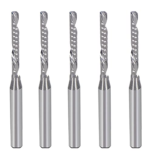 HOZLY 1/8 Inch Down Cut Single Flute (O Flute) Spiral End Mill CNC Router Bits ,with 0.08 Inch (2mm) Cutting Dia，43/64 Inch (17mm) Cutting Length for Acrylic PVC MDF Wood Pack of 5 - Image 1