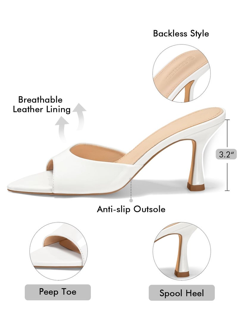 Coutgo Womens Heeled Mules Pointed Peep Toe High Heels Slip On Backless Mule Sandals Dress Shoes, White, Size 8.5 - Image 5
