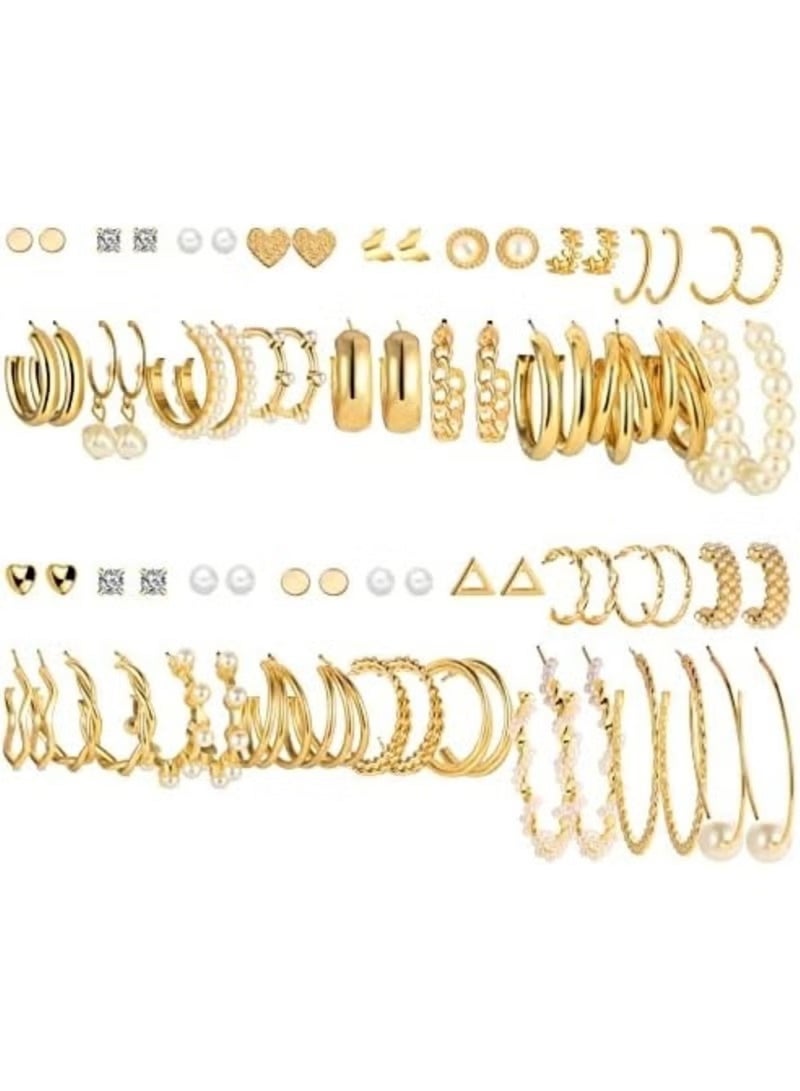 Huitich 36-Pair Gold Color Earring Set for Women – Mixed Hoops, Pearls & Stud Designs - Image 1