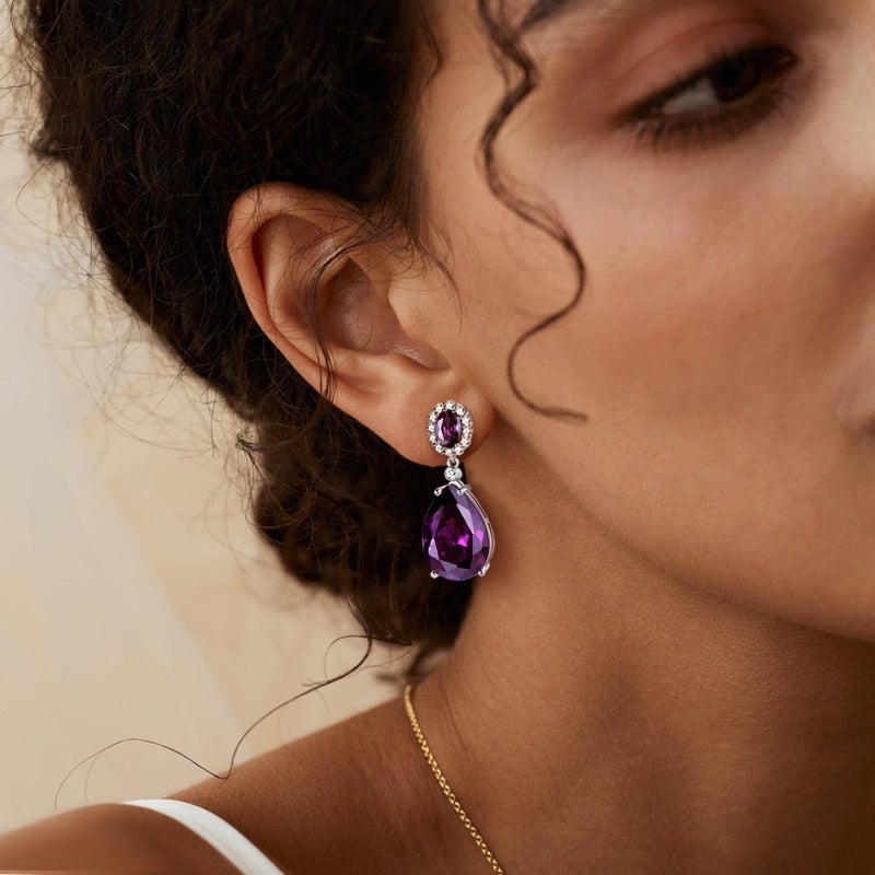 Juwaliy Dangling Teardrop Earrings Women February Birthstone Amethyst Purple 925 Sterling Silver Jewelry Birthday Valentine's Day Gift - Image 3
