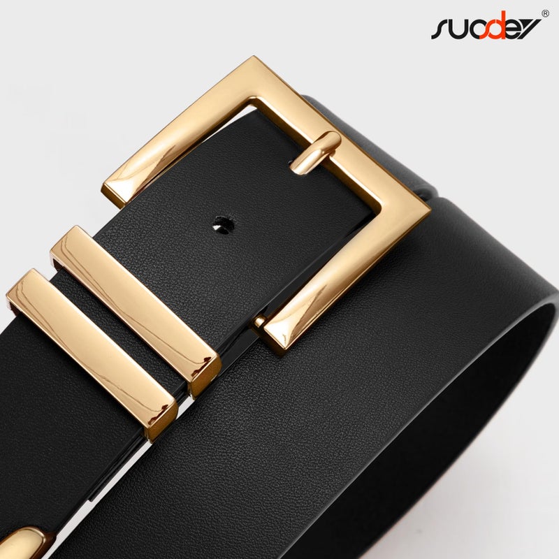 SUOSDEY Plus Size Women's Leather Belts for Jeans Pants Dress Fashion Women Waist Belt with Gold Buckle Black - Image 3