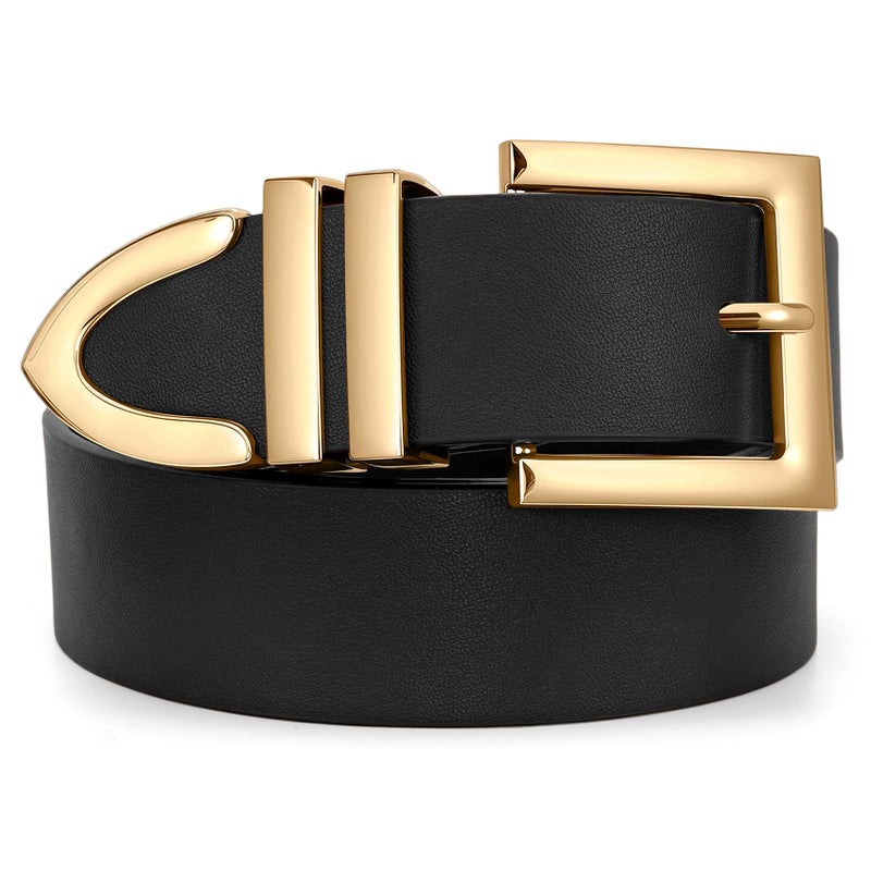 SUOSDEY Plus Size Women's Leather Belts for Jeans Pants Dress Fashion Women Waist Belt with Gold Buckle Black - Image 1