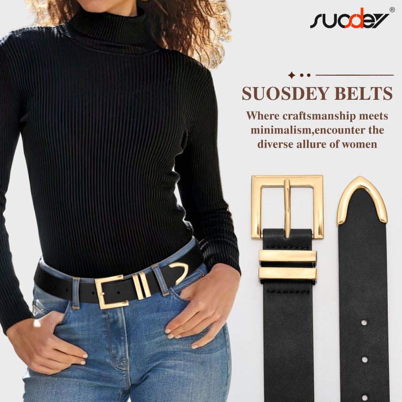 SUOSDEY Plus Size Women's Leather Belts for Jeans Pants Dress Fashion Women Waist Belt with Gold Buckle Black - Image 2