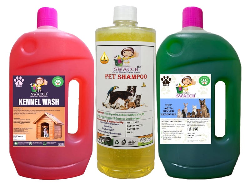 swacch Kennel Wash (Rose) + Pet Shampoo (Lemon) I Pet Aqua Odour Remover (Mogra) 1 Litre Combo Pack of 3 Economical Pack I Dog and Cat Friendly - Image 1