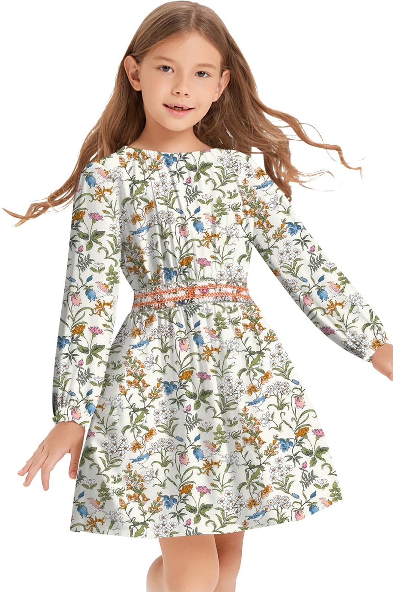 tiny sugar Girls Floral Smocked Waist Dress Church Holiday Playwear Soft Midi Dress with Pockets Flower Bird Green-7y - Image 1
