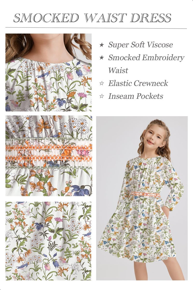 tiny sugar Girls Floral Smocked Waist Dress Church Holiday Playwear Soft Midi Dress with Pockets Flower Bird Green-7y - Image 4