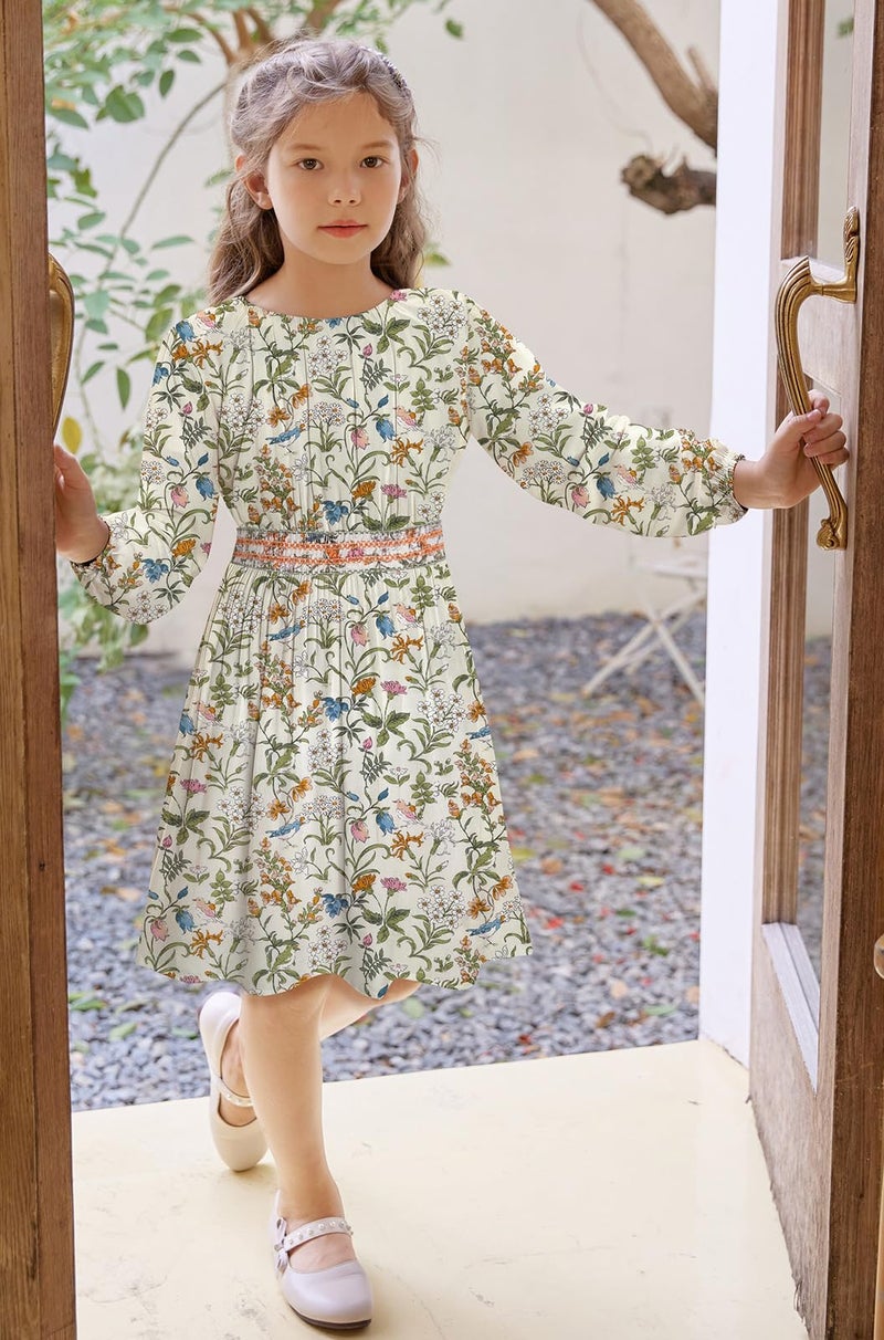 tiny sugar Girls Floral Smocked Waist Dress Church Holiday Playwear Soft Midi Dress with Pockets Flower Bird Green-7y - Image 3