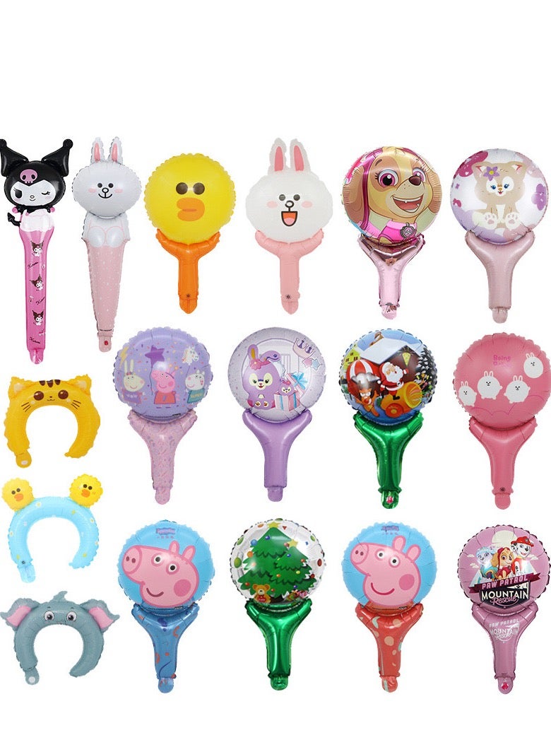 XCRJ 31pcs Children's Cartoon Balloon Set ,random delivery of style,brithday party,festival celebration,family gathering-10pcs Short Cartoon Handheld Balloon Sticks+10pcs Long Cartoon Handheld Balloon Sticks+ 10pcs Cartoon Headband Balloons+1pcs tyre pump,Birthday Wedding Party Balloons Decoration for Boys and Girls - Image 1