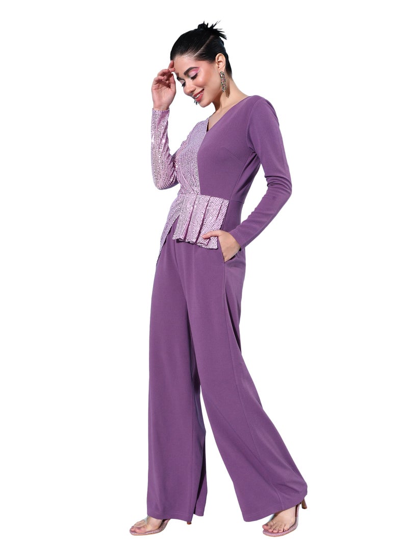 Miss Chase Women's V-Neck Full Sleeve Embellished Asymmetric Regular Length Polyester Jumpsuit with Pockets (MCAW22D15-54-196-04, Lavender, M) - Image 1