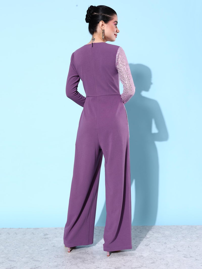 Miss Chase Women's V-Neck Full Sleeve Embellished Asymmetric Regular Length Polyester Jumpsuit with Pockets (MCAW22D15-54-196-04, Lavender, M) - Image 4