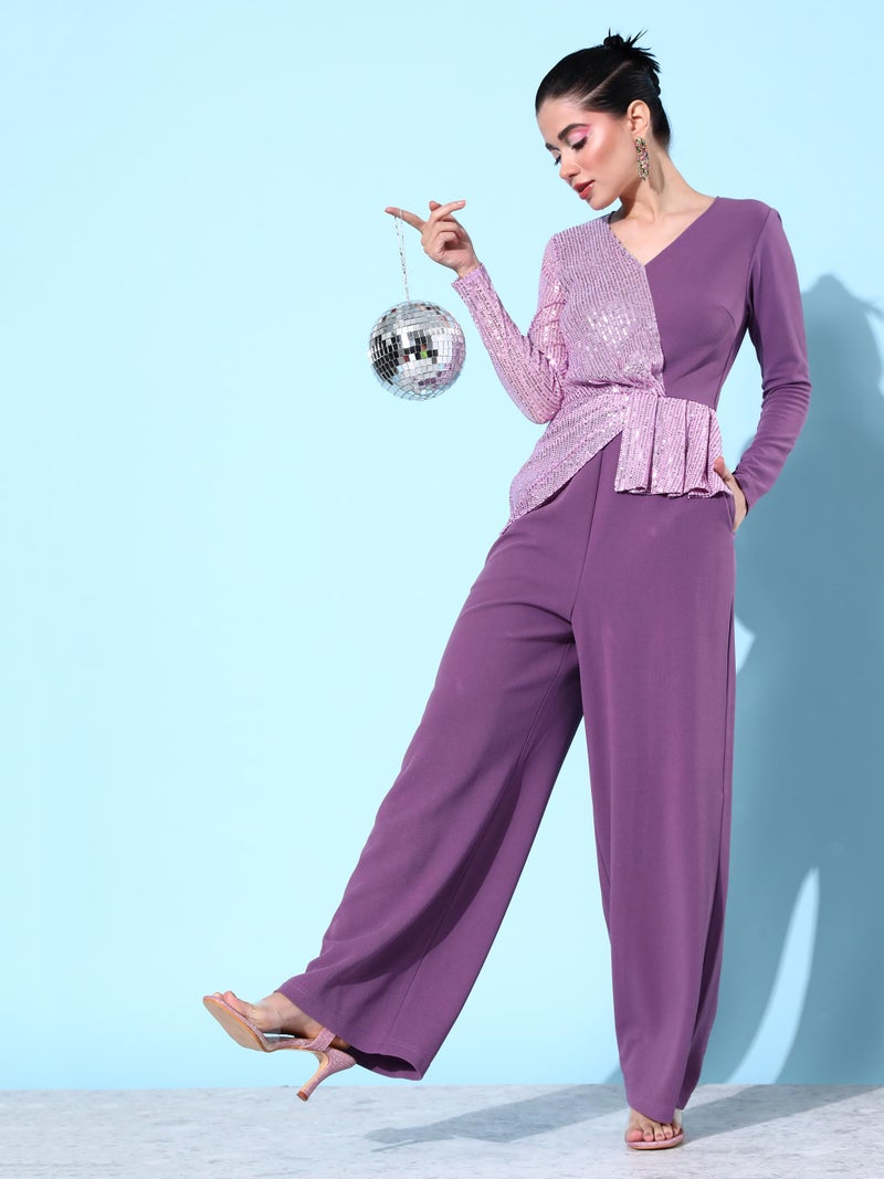Miss Chase Women's V-Neck Full Sleeve Embellished Asymmetric Regular Length Polyester Jumpsuit with Pockets (MCAW22D15-54-196-04, Lavender, M) - Image 3