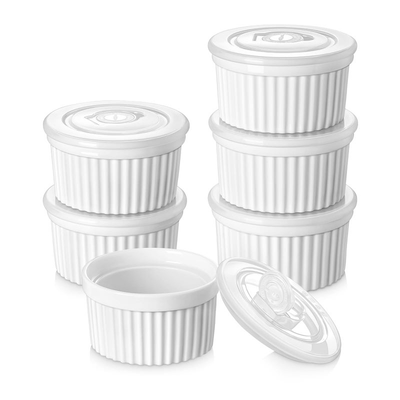 vancasso 8 oz Ramekins with Lid Porcelain Creme Brulee Souffle Dishes White Pudding Custard Cups Ramiken for Baking Dishwasher and Oven Safe Set of 6