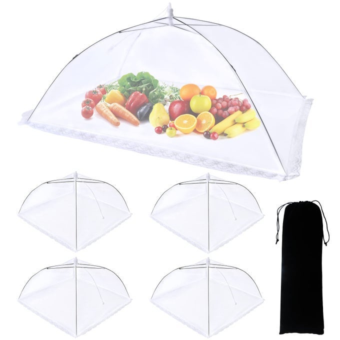 5 PACK FOOD TENTS FOOD COVERS FOR OUTDOORS MESH SCREEN INCLUDE 1 EXTRA LARGE 40X 24 4 STANDARD 17X 17 COLLAPSIBLE AND REUSABLE MESH FOOD COVERS FOR OUTSIDE FRUIT COVER