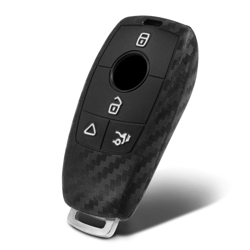 WORCAS Key Fob Case Carbon Fiber Pattern Silicone Cover Compatible with Mercedes Benz E Class S Class E300 E400 E43 W213 Etc 4 Button Keyless Entry Remote BZSD4SCE1