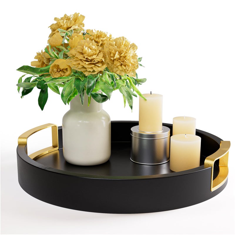 HB Design Co. Round Decorative Tray - 12 Inch Round Black Tray with Gold Metal Handles - Stain Resistant Serving Trays for Decor - Decorative Trays for Coffee Table, Ottoman, Bar, Vanity, Kitchen, Bedroom & More - Image 1
