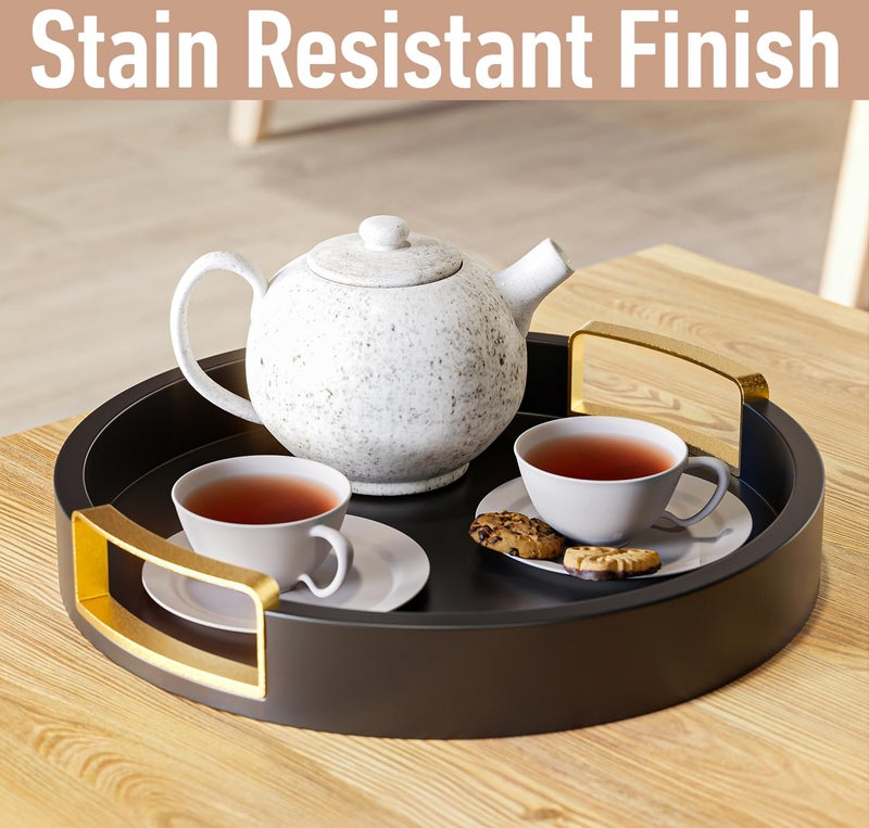 HB Design Co. Round Decorative Tray - 12 Inch Round Black Tray with Gold Metal Handles - Stain Resistant Serving Trays for Decor - Decorative Trays for Coffee Table, Ottoman, Bar, Vanity, Kitchen, Bedroom & More - Image 4