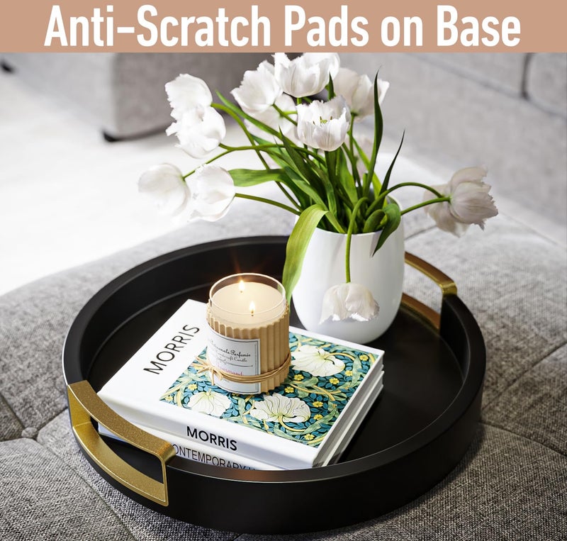 HB Design Co. Round Decorative Tray - 12 Inch Round Black Tray with Gold Metal Handles - Stain Resistant Serving Trays for Decor - Decorative Trays for Coffee Table, Ottoman, Bar, Vanity, Kitchen, Bedroom & More - Image 3
